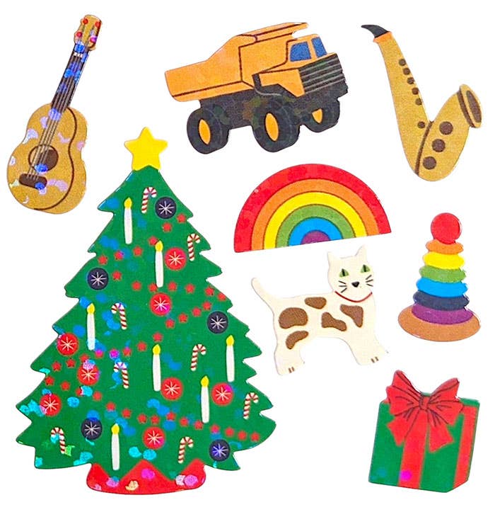 Speckled Christmas Tree and Toys Kids Sticker Sheet 2025