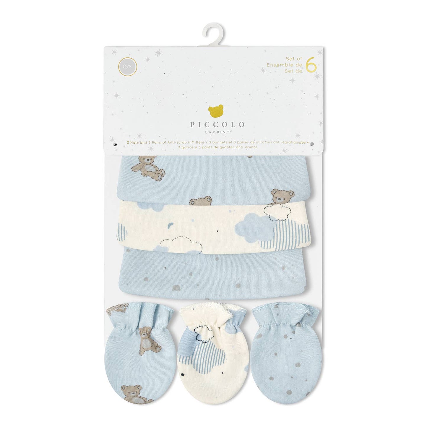 6pc set: 3 hats & 3 anti-scratch mittens : Blue