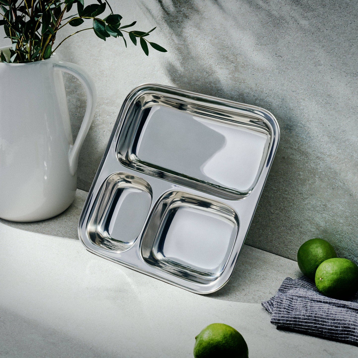 Large 3-Section Square Plate | Stainless Steel Divided Tray