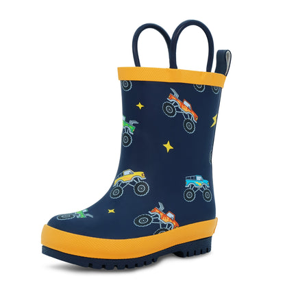 Jan & Jul Puddle-Dry Rain Boots in Big Trucks - three-quarter view