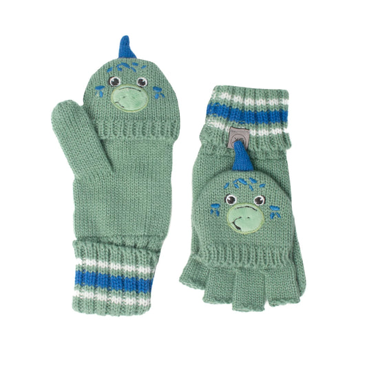 Knitted Fingerless Gloves w/Flap - Dino Green