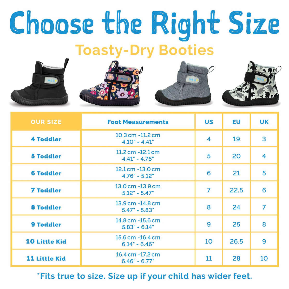 Jan & Jul Toasty-Dry Booties - size chart