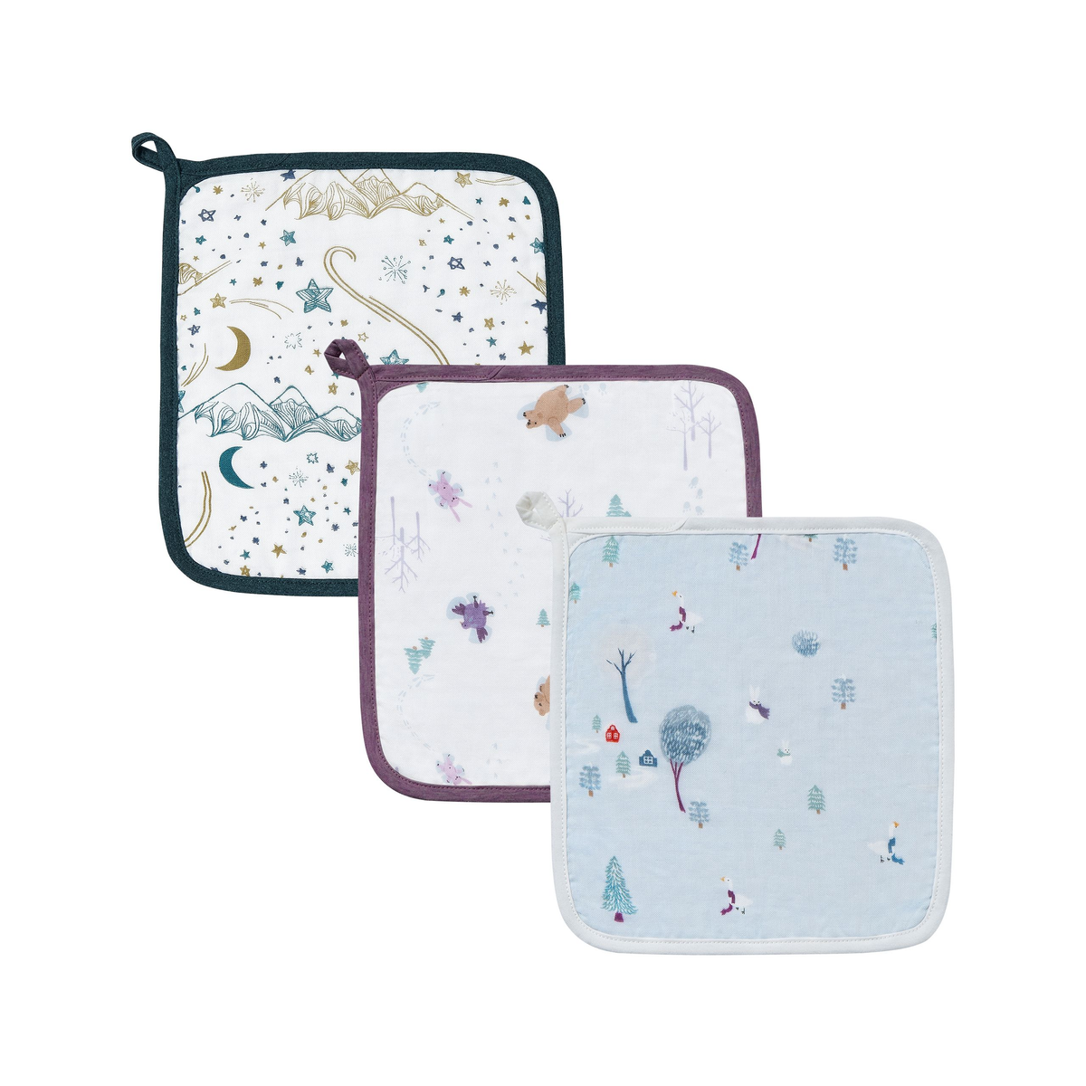 Nest Designs 4-Layer Baby Washcloths Set(Bamboo,3pack)-SNOWY SNUGGLES+SNOW ANGELS+STARS WHITE