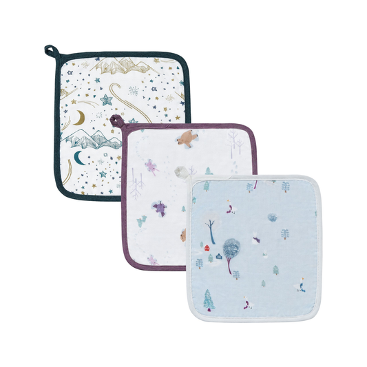 Nest Designs 4-Layer Baby Washcloths Set(Bamboo,3pack)-SNOWY SNUGGLES+SNOW ANGELS+STARS WHITE