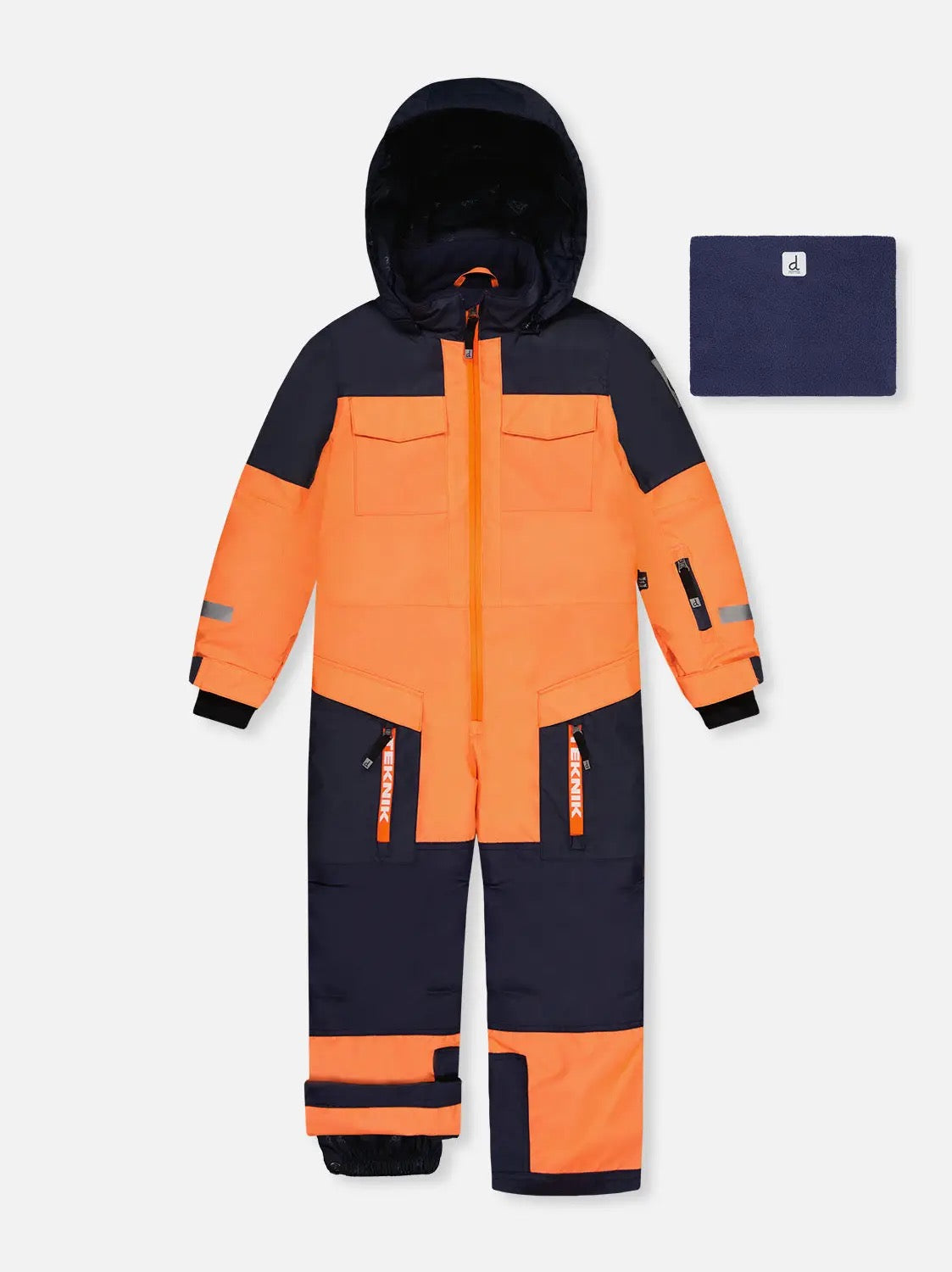 DEUX PAR DEUX Kids One Piece Teknik Snowsuit Bright Orange and Blue