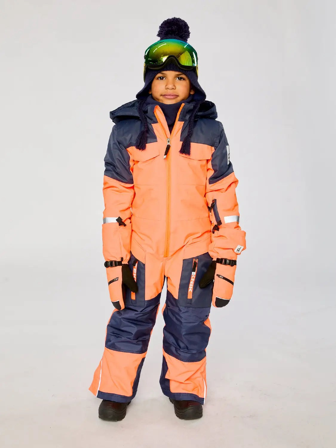 DEUX PAR DEUX Kids One Piece Teknik Snowsuit Bright Orange and Blue