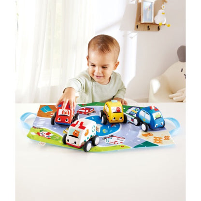 Hape Pull-Back Plush Car Set - lifestyle photo
