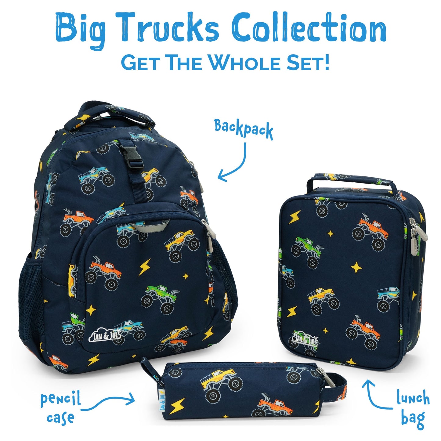 Jan and Jul  |Little Xplorer Kids Backpacks | Big Trucks