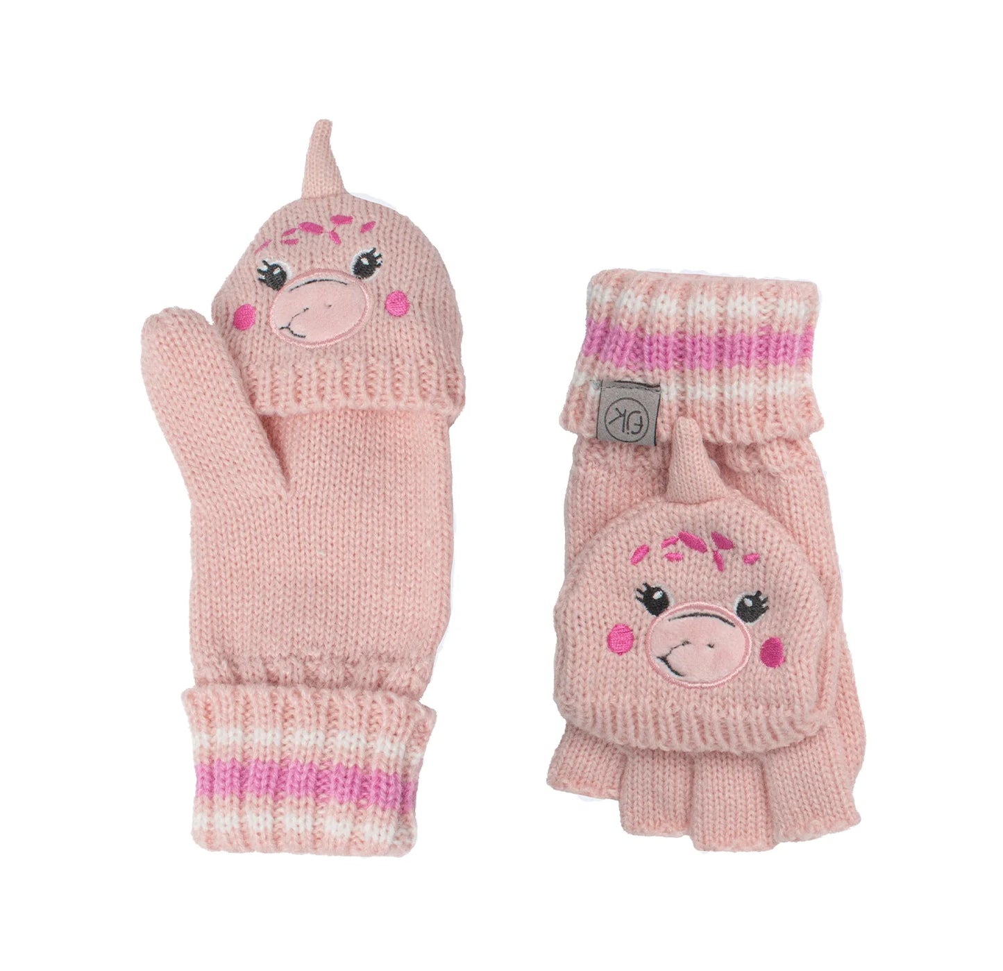 Knitted Fingerless Gloves w/Flap - Dino Pink