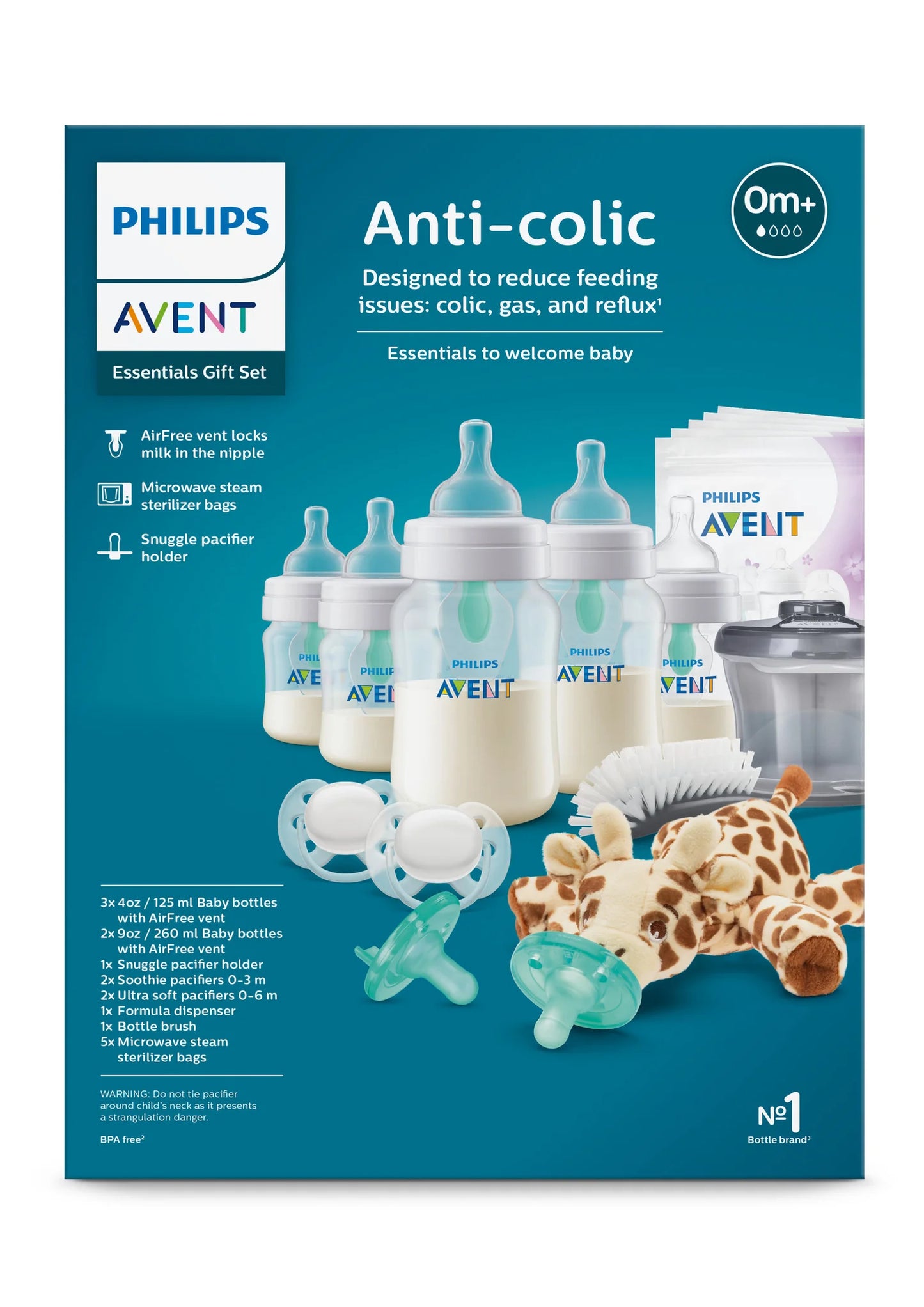 PHILIPS AVENT Anti-colic Baby Bottle with AirFree Vent Essentials GiftSet with Soothie Snuggle