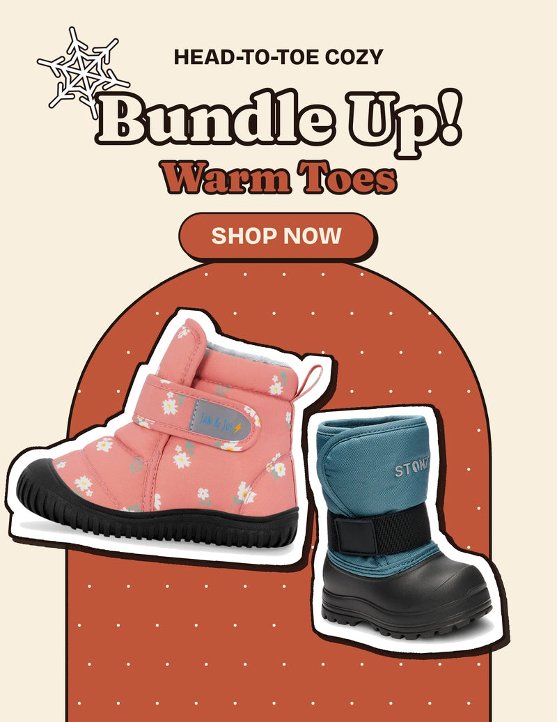 Bundle Up Warm Toes tile: a pink Jan & Jul Toasty-Dry bootie and a denim-blue Stonz Trek toddler boot on a terracotta arch, with a Shop Now button.