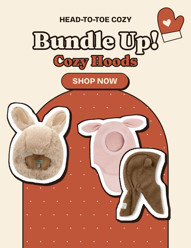 Bundle Up Cozy Hoods tile: a teddy fleece Mini A Ture Matlien hood with ears, a pink Huttelihut wool bunny balaclava and a brown Matjeffi balaclava, with a Shop Now button.