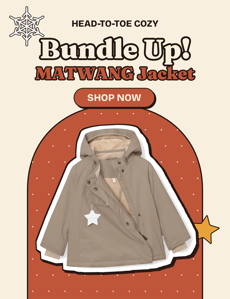 Bundle Up MATWANG Jacket tile: the Mini A Ture MATWANG fleece-lined winter jacket on a terracotta arch with polka dots, with a Shop Now button.