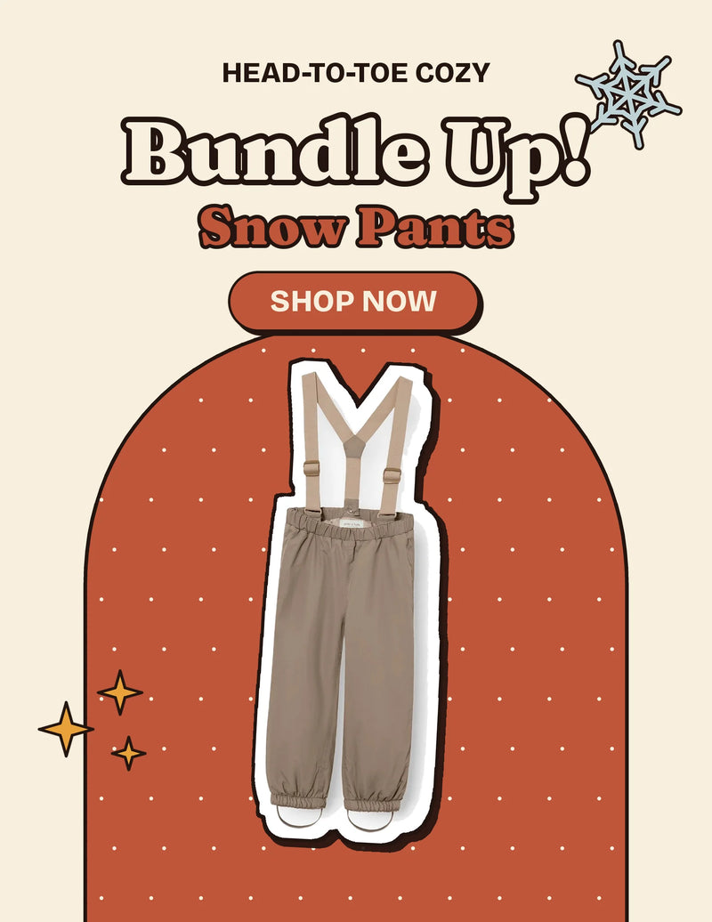 Bundle Up Snow Pants tile: Mini A Ture Matwilas snow pants with suspenders on a terracotta arch with polka dots, with a Shop Now button.