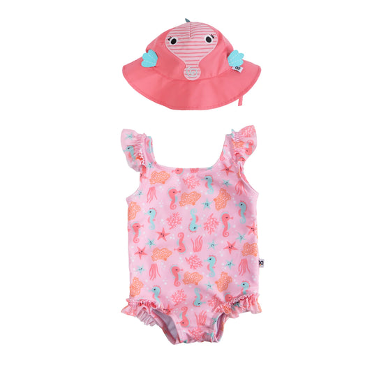 ZOOCCHINI Ruffled Swimsuit + Sunhat 2pc Set - Seahorserse